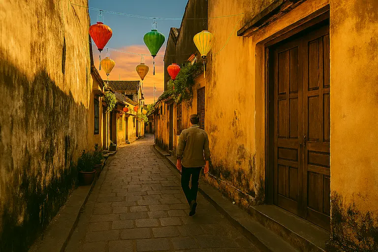 Hoi An Ancient Town lantern-lit streets with historic buildings during an evening walking tour.
