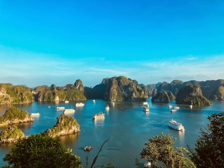 Limestone karsts and boats on Ha Long Bay in northern Vietnam